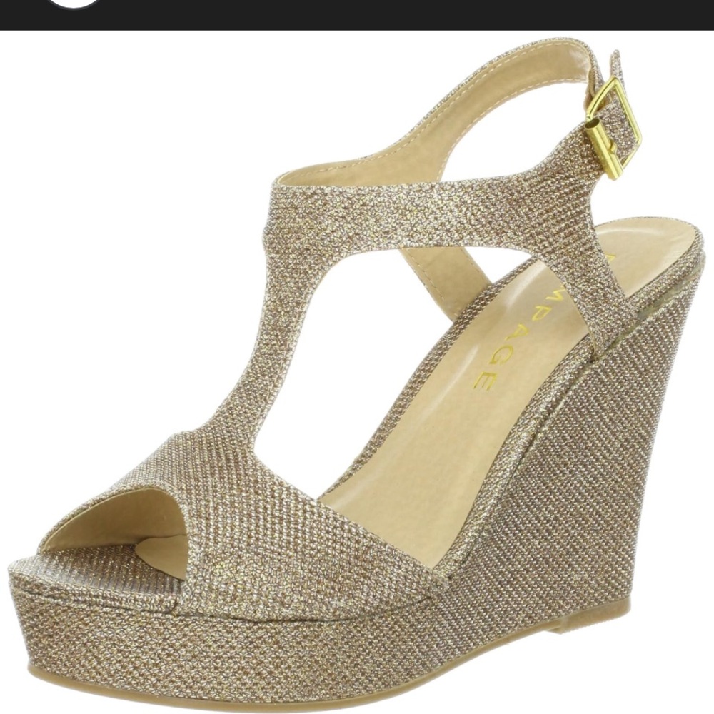 Rampage Glittery Gold T-Strap Wedge Sandals